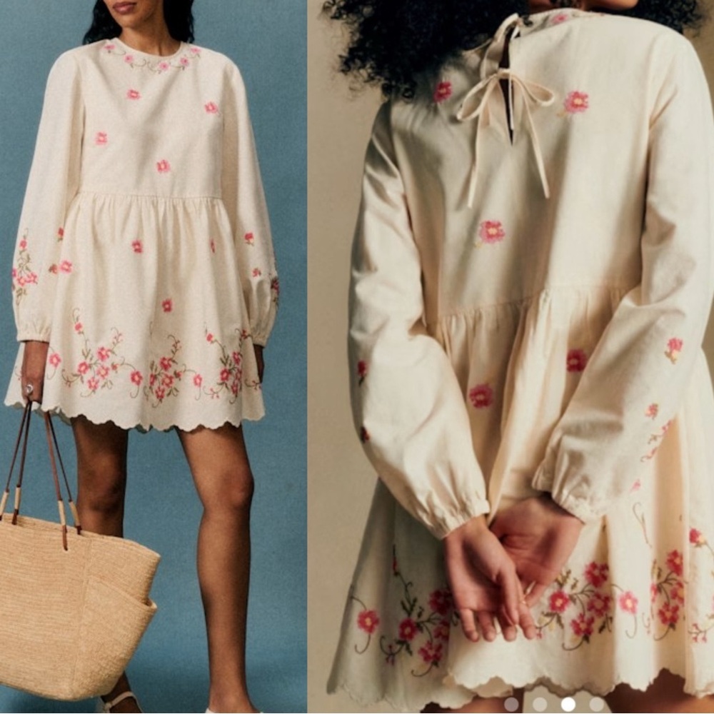 SEZANE x ANDION Ecru & Pink Floral Embroidered Long Sleeve Tie Back Zelie Dress